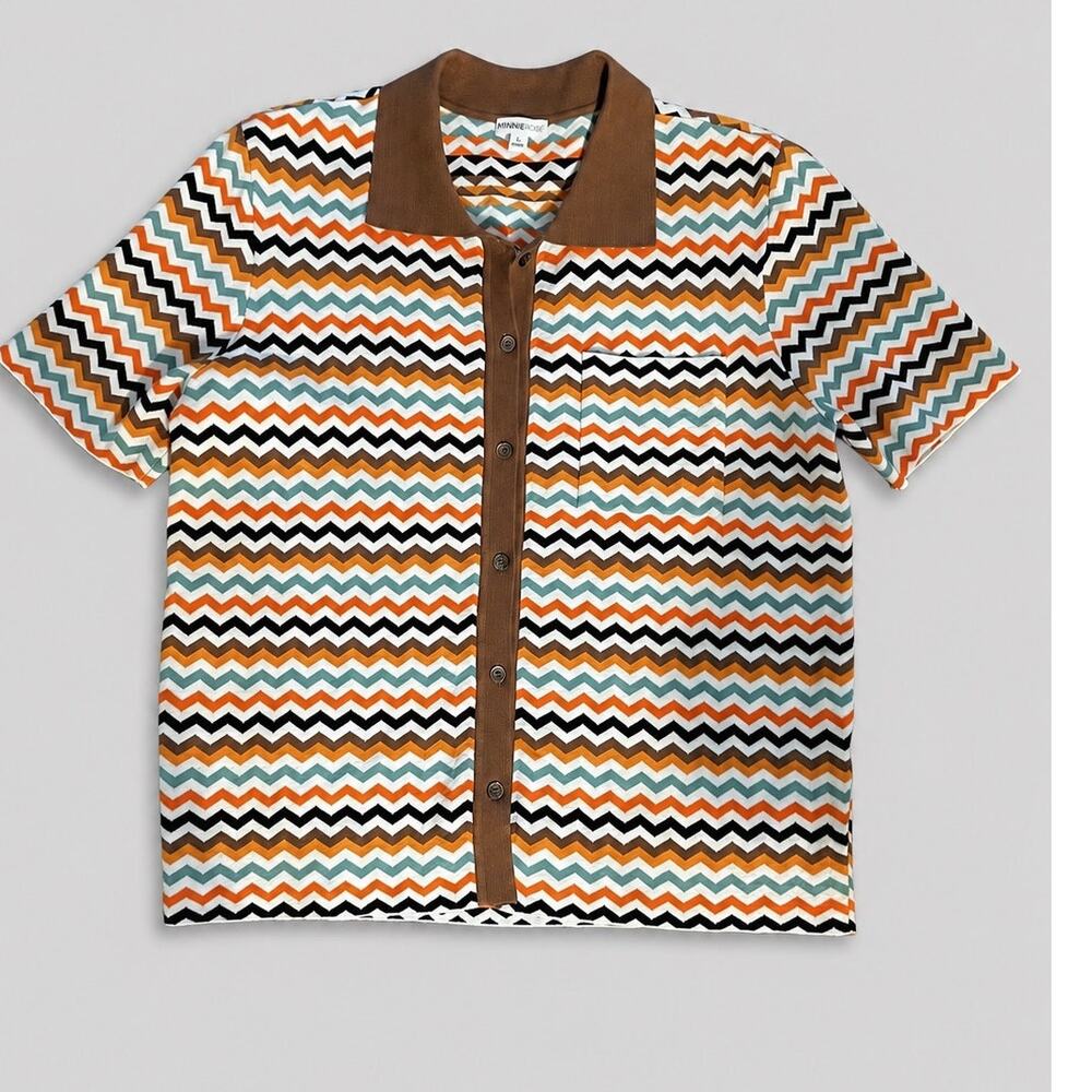 Minnie Rose Short Sleeve Chevron Button Front Polo Shirt Multicolor - Size S